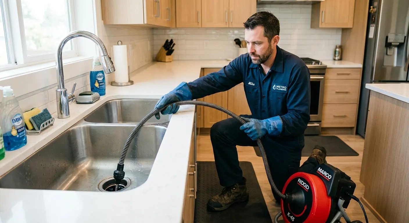 Drain cleaning technician using a motorized snake on a kitchen sink in Eureka