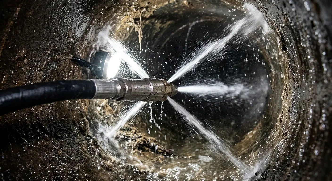 High-pressure hydro jetting nozzle cleaning sewer pipe for Trenchless Sewer Repair in Eureka