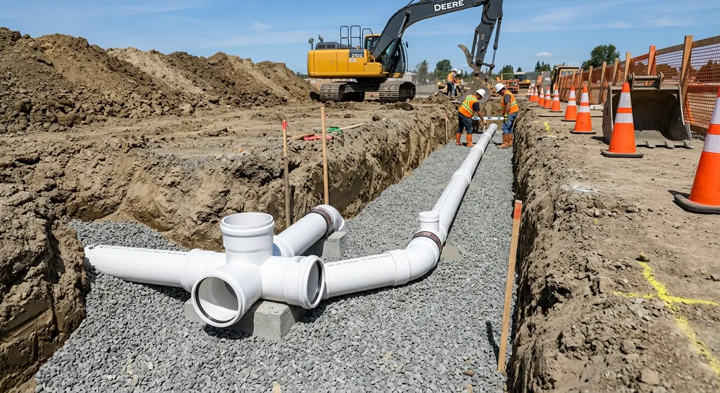New PVC sewer pipe installation in open trench for Commercial Drain Cleaning in Eureka