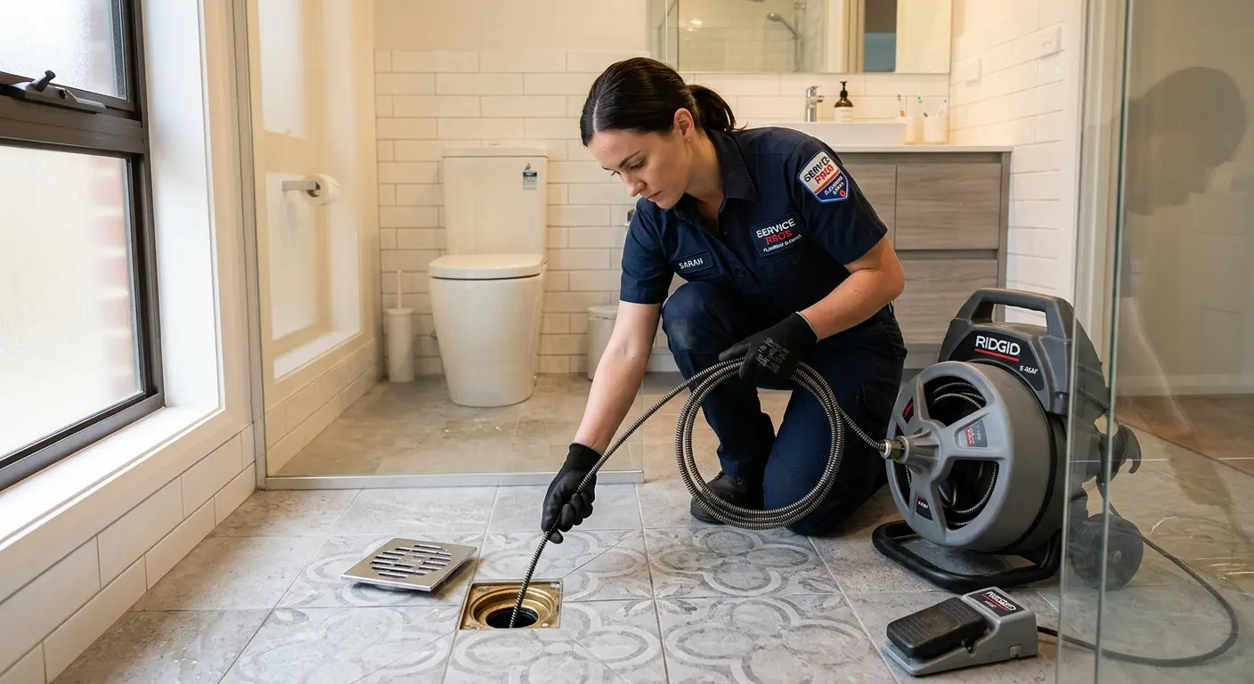 Technician clearing a bathroom floor drain for Sewer Line Replacement in Eureka